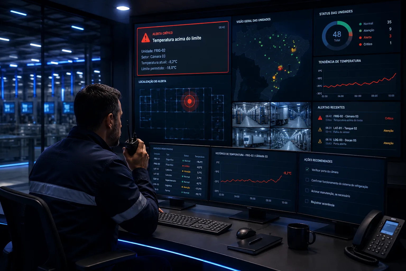Centro de comando exibindo alerta em tempo real