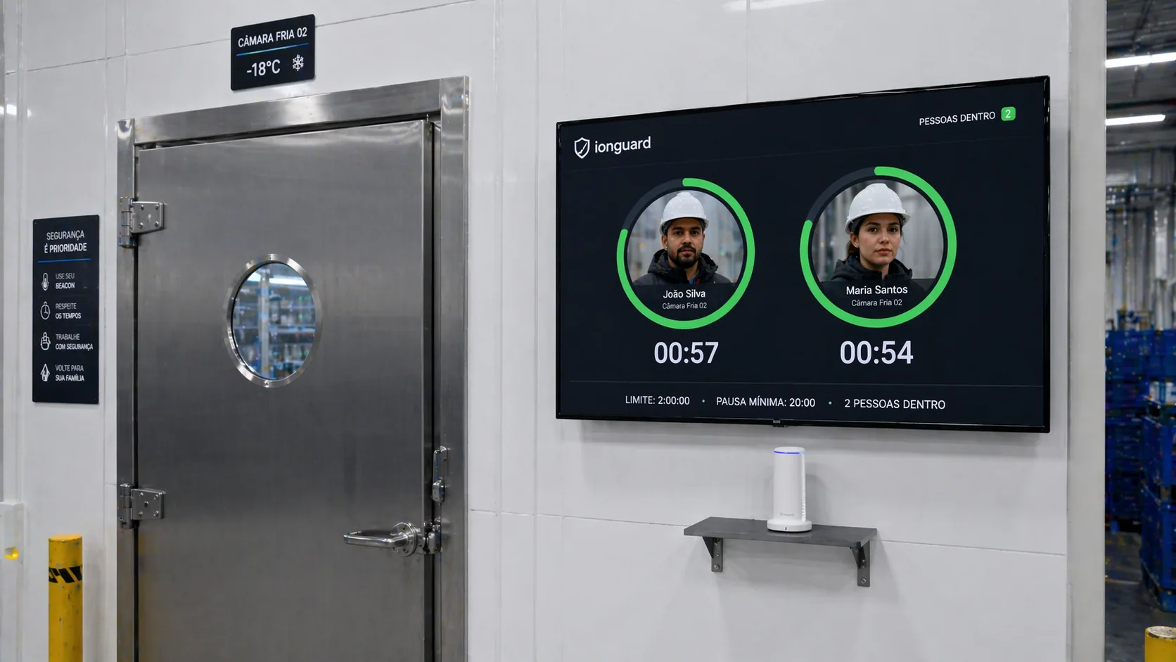 Wallboard exibindo trabalhadores e tempo dentro de câmaras frias